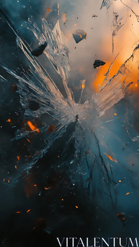 Shattered glass explosion against smoky blue and orange light.