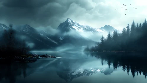 Mystic alpine lake mirrors misty peaks and dark pines.