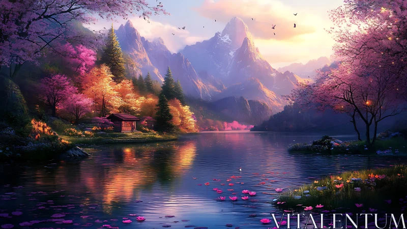Serene mountain lake with cherry blossoms and cottage.