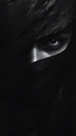 Single visible eye emerges through dark textured fabric shroud