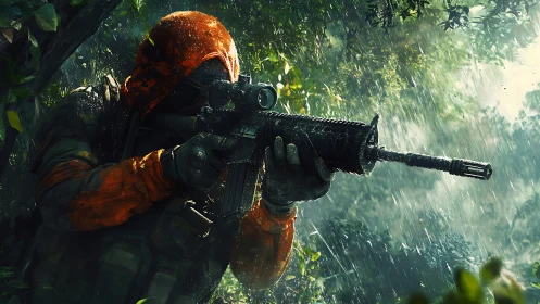 Tactical marksman in rainfall, scoped rifle under jungle canopy.