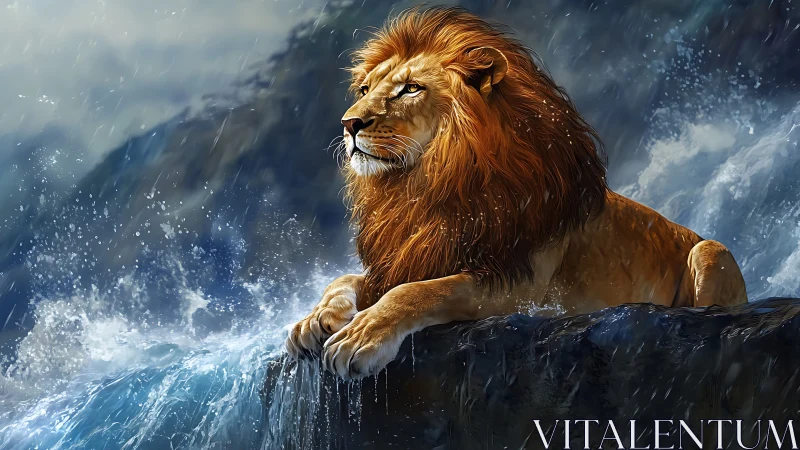 Storm-drenched lion pauses atop roaring ocean cliffs