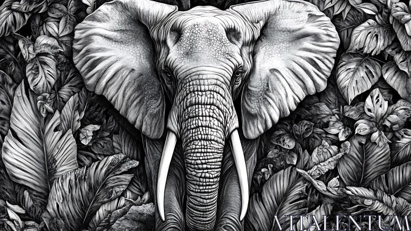 Monochrome elephant portrait emerging from dense jungle foliage.