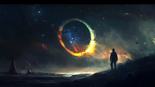 Solitary figure observes burning cosmic portal over horizon