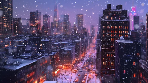 Snow drenched city avenue under neon winter twilight glow.
