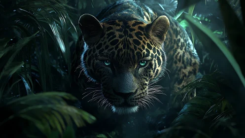 Photorealistic Jaguar Portrait with Piercing Emerald Eyes in Jungle Setting