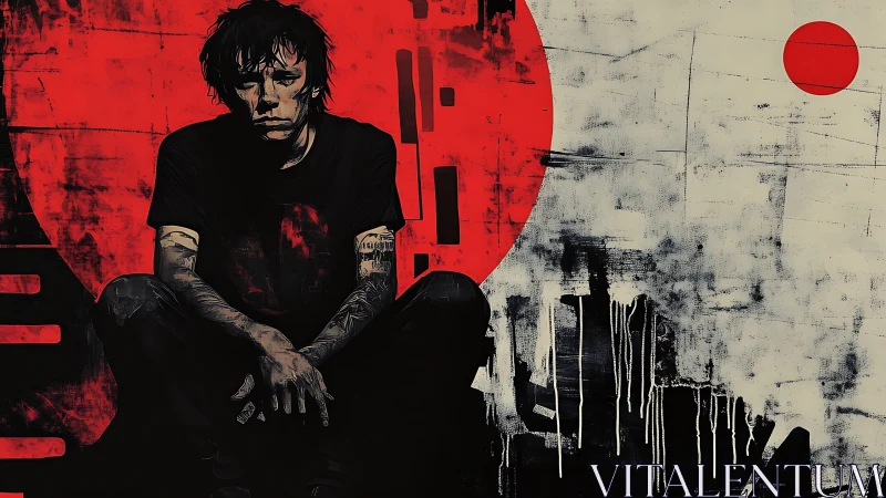 Shadowed youth sits before bold red circle and painted scars