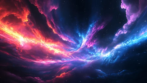 Digital nebula render shows opposing red and blue gas streams