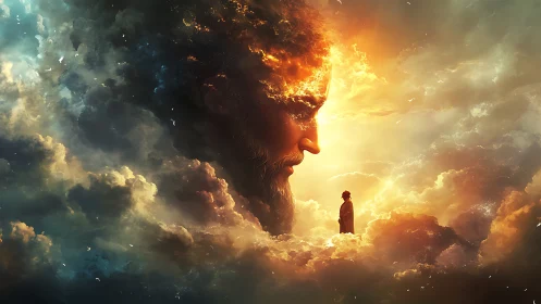 Colossal celestial face contemplates lone figure in clouds.