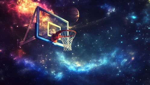 Astrophysical basketball hoop rendered in luminous nebular space.