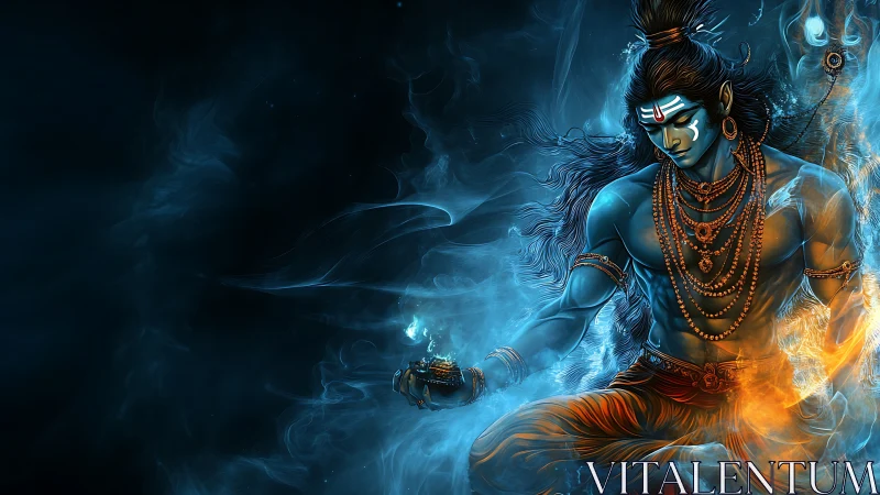 Blue-skinned figure in swirling blue and orange energy field.