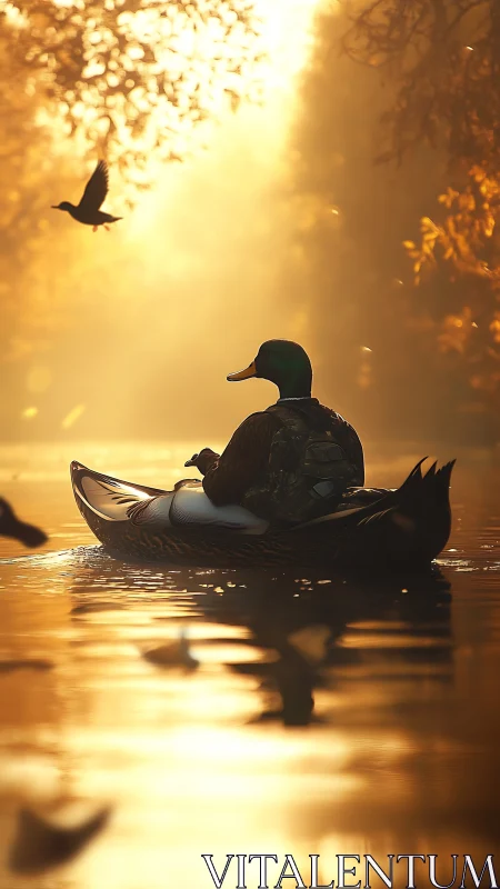 Gentle duck drifts through golden sunset reflections on water.