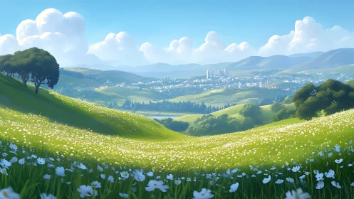 Green hills and wildflower meadow leading to distant town.