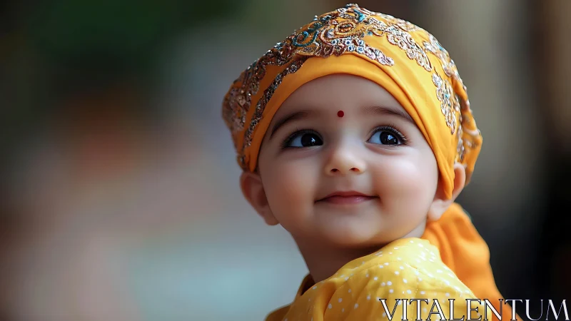 Infant in Golden Headwrap with Bindi Marking.