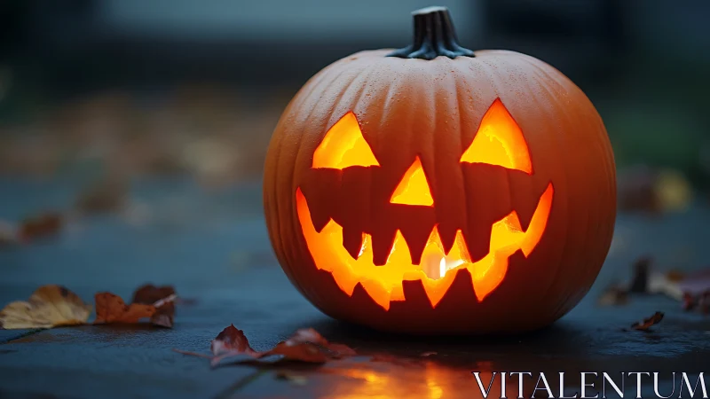 Photorealistic carved jack-o’-lantern with candlelit interior glow.