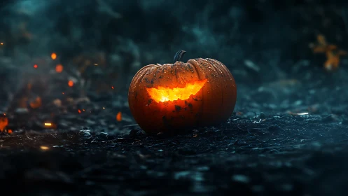 Luminous Jack-O-Lantern Glowing Against Dark Atmospheric Canvas.
