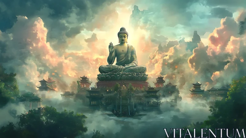 Colossal seated Buddha above fogged temple cityscape.
