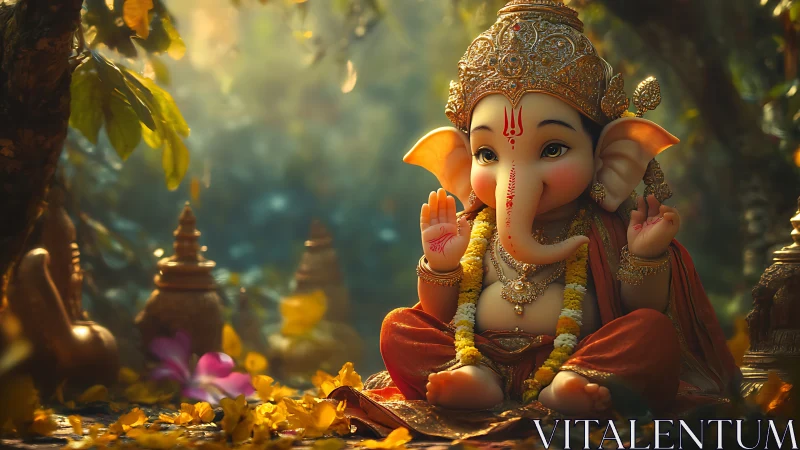Gentle baby Ganesha in golden forest morning light.