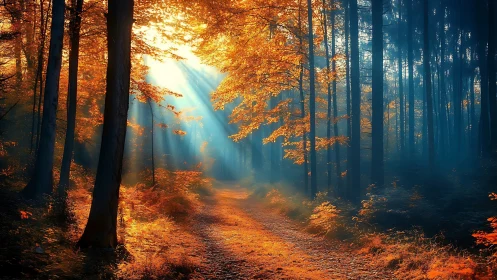 Autumn Forest Path with Volumetric God Rays and Dynamic Light Diffusion