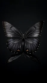 Black butterfly centered on dark reflective background