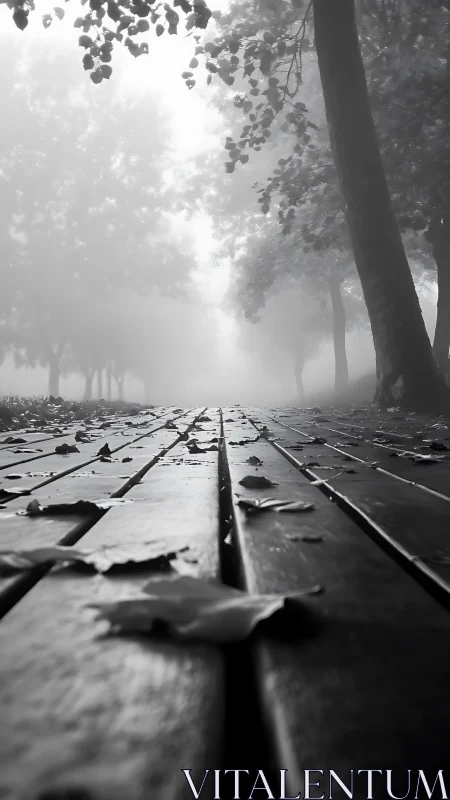 Low-angle foggy park boardwalk with fallen autumn leaves