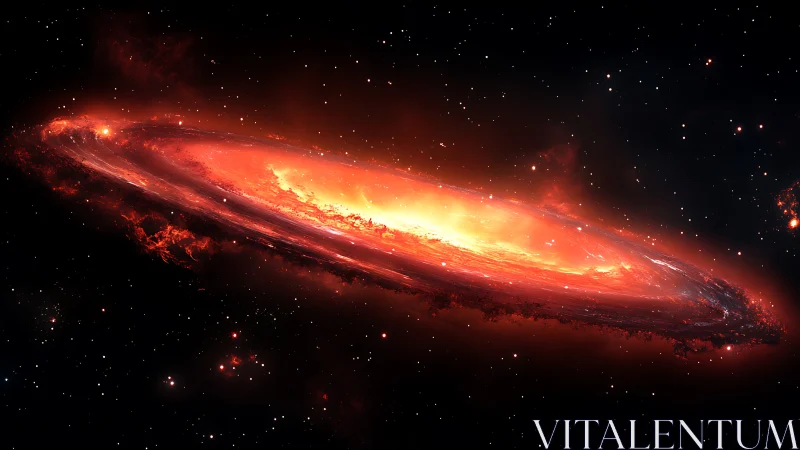 Fiery spiral galaxy glowing in deep black outer space.