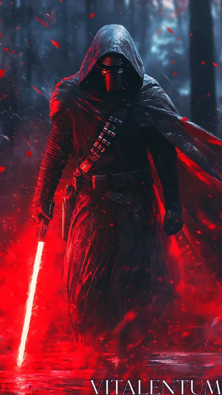 Hooded armored figure walks through red-lit forest scene