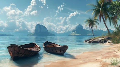Beached Wooden Fishing Vessels in Tranquil Lagoon Scene.