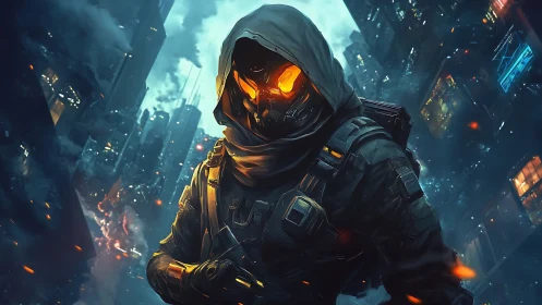 Cybernetic hooded soldier in blazing neon warzone nightscape.