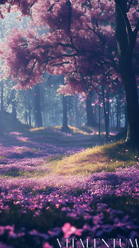 Forest path with dense pink flowering trees and ground coverage.