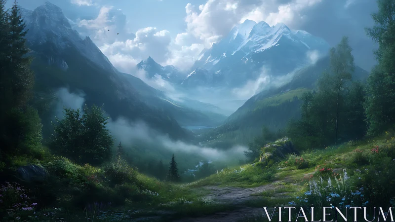 Misty alpine valley with snow peaks and sunlit wildflowers.