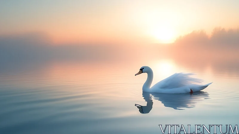 Swan drifts through sunrise mist on a glassy pastel lake.