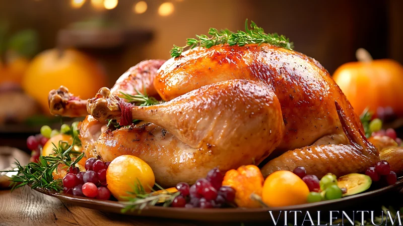 Roast turkey centerpiece with herbs and autumn garnish.
