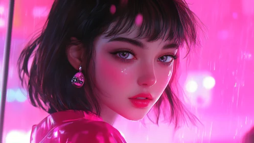 Neon-lit portrait emphasizes glossy shaders and cinematic bokeh rendering