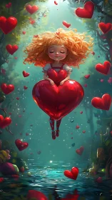 Scarlet Reverie: Girl Ascending Through Hearts.