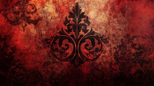 Baroque black flourish on distressed crimson backdrop.