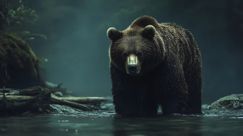 Nocturnal riverine grizzly in volumetric fog illumination.