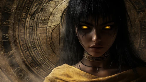Mystical woman with glowing eyes before ancient sigil.