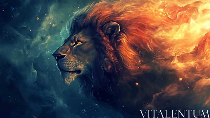 Majestic cosmic lion profile with flowing fiery mane.
