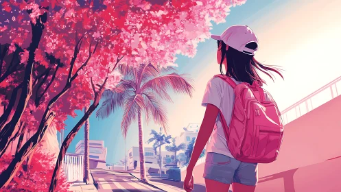 Girl with backpack walks under pink trees in sunny city