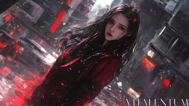 Dark-haired heroine stands amid neon-lit crimson storm.