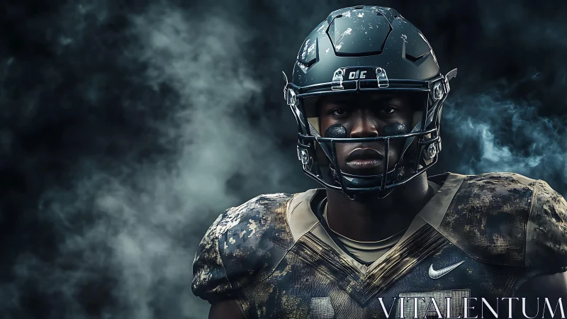 Gridiron sentinel emerges from stormlit battlefield haze.