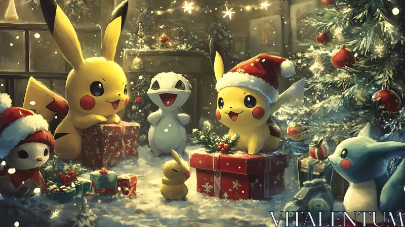 Pikachu’s snowy gift-circle under glittering Christmas lights.