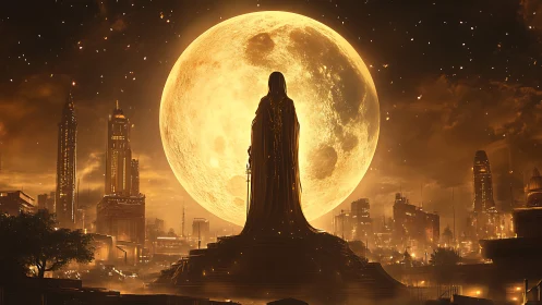 Backlit cloaked monument dominates lunar-lit futuristic skyline