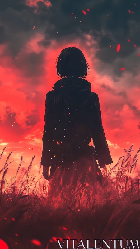 Silhouetted figure observes red clouded sky over tall grass