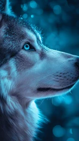 Profile study of blue-toned husky dog against soft bokeh.