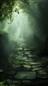 Misty stone forest path recedes under diffused volumetric light