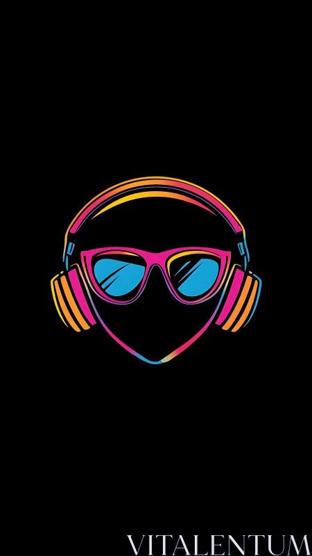 Neon headphones and shades glow warmly against deep black