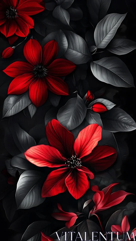 Red Dahlia Blooms Against Monochromatic Foliage: Dramatic Floral Contrast Study