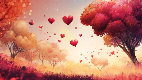 Luminescent Heart Field: Floating Red Hearts Over Watercolor Landscape. Digital